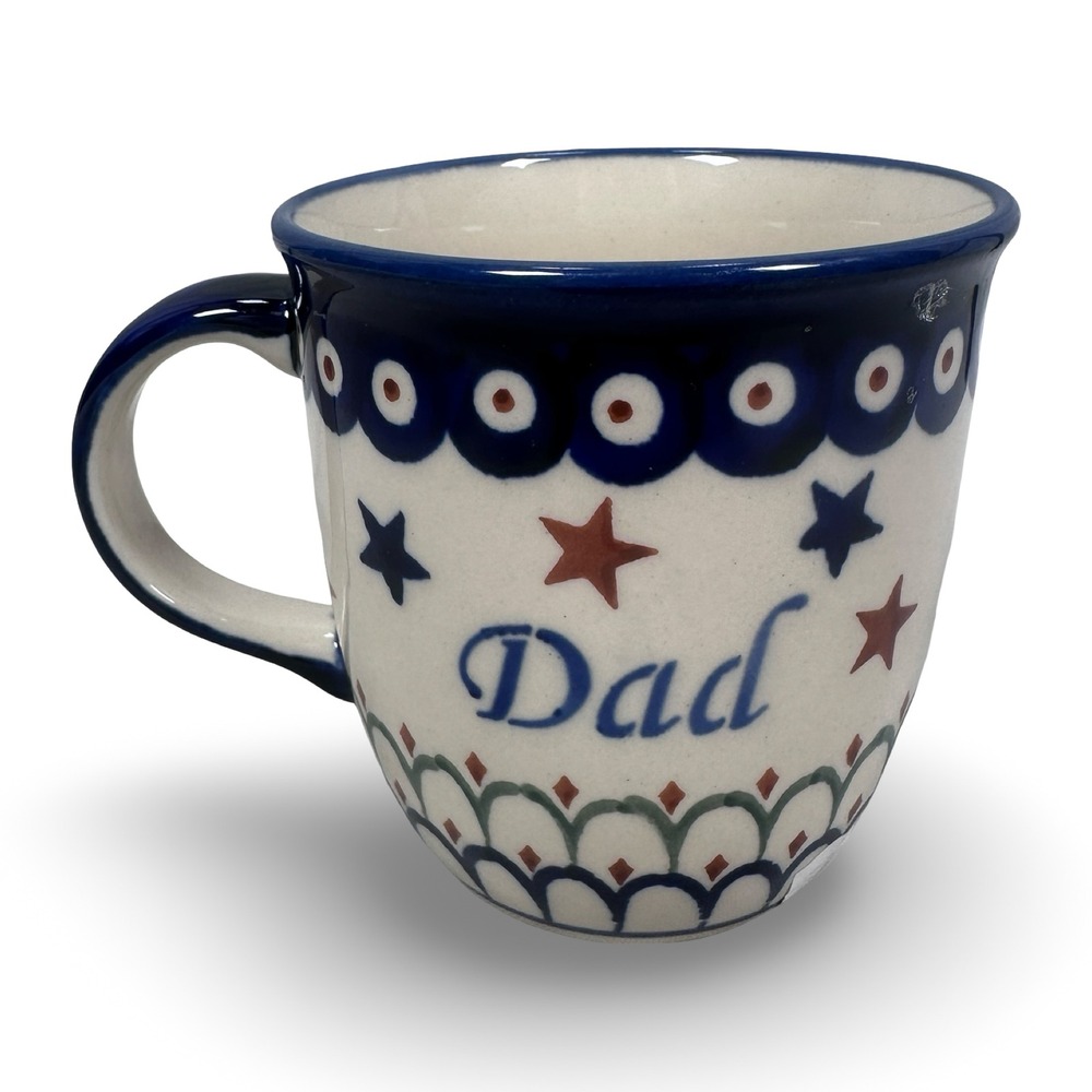Boleslawiec Polish Pottery Dad Tata Mug Blue Stars Peacock Eye Stoneware New